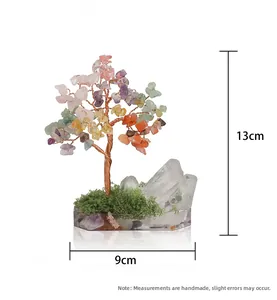 Handmade 13cm crystal tree of life with colorful gemstones on white quartz base