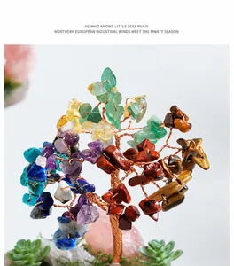 Macro shot of colorful gemstone money tree with copper wire and rose quartz base