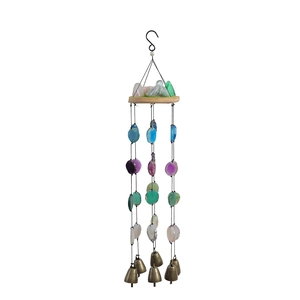 Handmade wind chime with colorful agate slices, wooden top, and vintage bronze bells