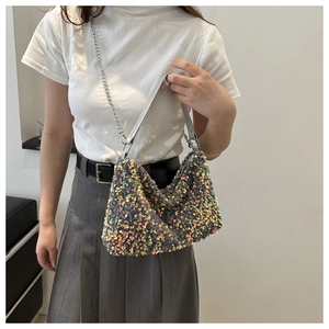 Rainbow sequin crossbody bag with silver chain strap and leather handle for women