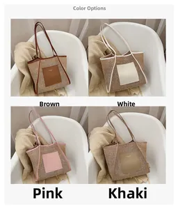 Detail view showing woven tote bags in brown, white, pink, and khaki color variations