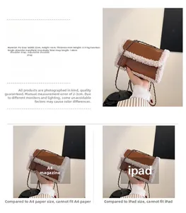 Detailed size chart showing a 22x16x9cm brown PU bag with white faux fur trim and chain