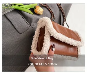 Side view of brown glossy faux leather crossbody bag with plush white faux fur trim details