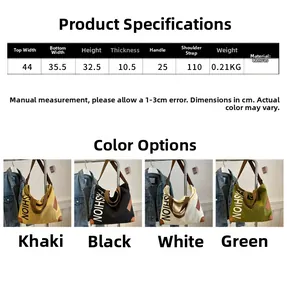 Detailed size chart for large canvas tote bag showing dimensions and four color options