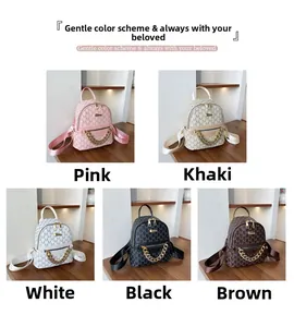 Collage of mini backpacks in five colors featuring gold chain and letter pattern