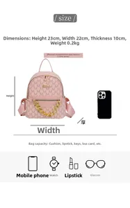 Pink backpack size guide showing 23x22cm dimensions and capacity comparison