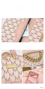 Close-up of pink monogram pattern backpack with golden zipper and rhinestone chain detail