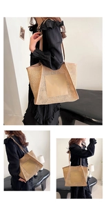 Detail of hollow woven tote bag with square leather patch and dual shoulder straps