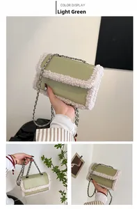 Detail of light green faux leather crossbody bag with white plush faux shearling trim