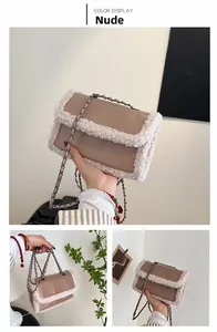 Detail of beige faux leather crossbody bag with plush white faux fur trim and chain strap