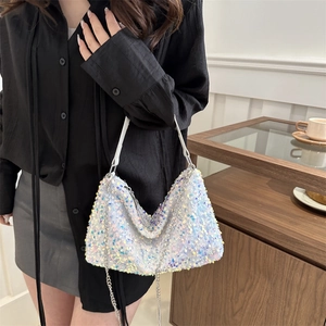 Chic iridescent sequin crossbody bag with pearl chain and leather strap for women