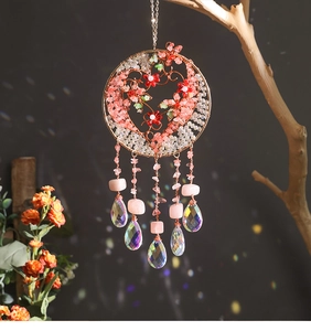 Handmade Tree of Life crystal ornament with pink heart design and colorful teardrop beads