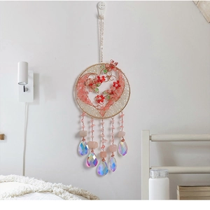 Pink floral Tree of Life dreamcatcher with crystal beads and colorful aura teardrop charms