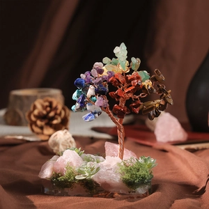 Handmade Crystal Chips Money Tree Copper Wire Wrapped Bonsai Rose Quartz Raw Stone Resin Base Lucky Tree Table Ornament For Home Decor Healing Gemstone Gift