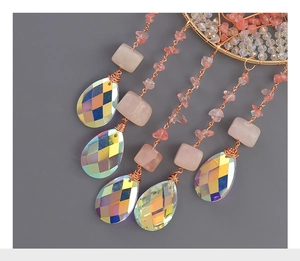 Detail of Tree of Life crystal pendant with rose gold wire and iridescent glass droplet