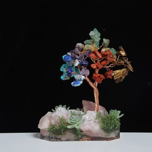 Natural crystal gemstone tree with rose quartz base and colorful healing stone leaves