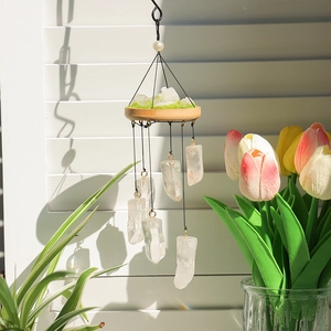 Natural White Crystal Pillar Wind Chime Handmade Wood Base Hanging Ornament Faux Moss Healing Home Decor Garden Balcony