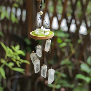 Hanging wind chime with natural white crystal quartz columns and bamboo moss base