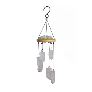 Hanging natural white crystal wind chime with wooden base and moss decor for home garden