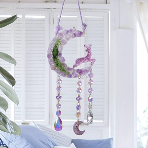 Dreamy purple crystal moon hanging decor with reindeer and prismatic suncatcher beads