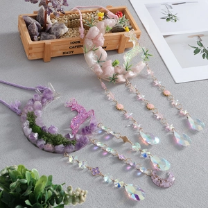 Handmade moon dream catcher with natural crystal stones and glittering resin deer charms