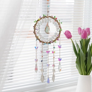 Handmade Tree of Life crystal dreamcatcher with hanging prisms and butterfly accents