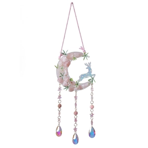 Handmade crescent moon dreamcatcher with pink quartz stones and aurora deer hanging pendant
