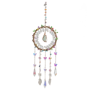 Handmade Tree of Life Dream Catcher with green crystals and bohemian hanging pendants