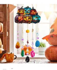 Detailed Halloween wind chime with colorful pumpkins, ghosts, and agate slices on gold chains