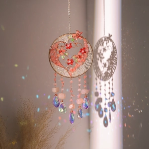 Bohemian Tree of Life dream catcher with pink agate beads and iridescent crystal teardrops