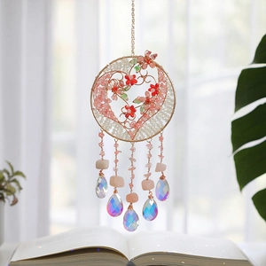 Handmade Tree of Life crystal suncatcher with pink quartz stones and golden heart frame