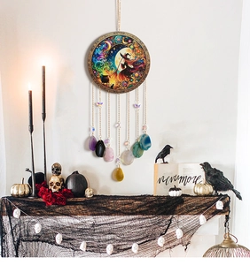 Halloween dreamcatcher with witch silhouette, colorful agate stones, and tree of life hanging decor