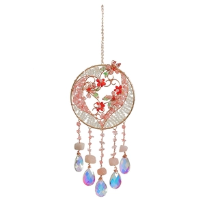Handmade Tree of Life suncatcher with pink crystals and heart design for home window decor