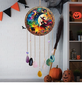 Halloween Tree of Life wind chime with colorful natural agate slices and witch illustration