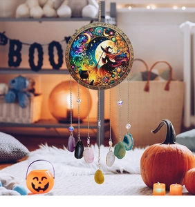 Detail of Halloween tree of life dream catcher with colorful agate slices and crystals