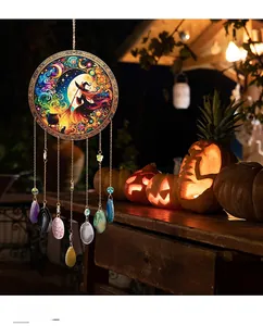 Halloween dreamcatcher wind chime with crystal stones and wizard moon cat illustration