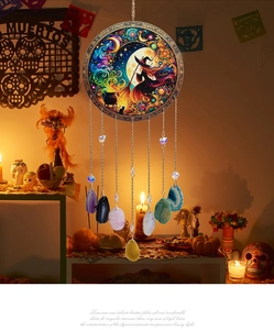 Halloween dreamcatcher wall hanging with natural agate slices and witch moon metal disc