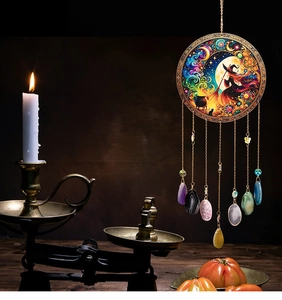 Wizard dream catcher with natural agate slices and life tree wind chime hanging detail