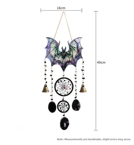 Gothic black acrylic bat wall decor with bells and stones, dimensions 16cm by 49cm