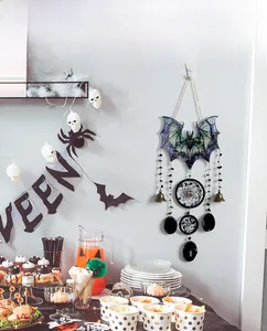 Gothic Halloween bat pendant with black crystals and dreamcatcher bells on wall decor