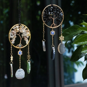 Autoanhänger Lebensbaum aus Obsidian mit Achat-Scheibe und Evil Eye im Boho-Stil