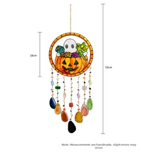 Detailed dimensions of 18cm pumpkin ghost suncatcher with colorful stones and succulents