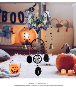 Halloween bat dreamcatcher hanging decoration with black agate stones and bronze bells