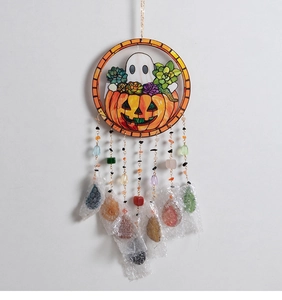 Detail of Halloween pumpkin ghost hanging ornament with colorful crystal stone beads