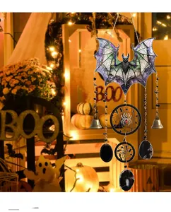 Gothic Halloween bat suncatcher with dreamcatcher and natural stone crystal pendant