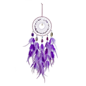 Handgefertigter Boho Traumfänger mit lila Federn und natürlichen Amethyst-Kristallen
