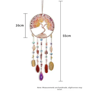 Detail of life tree crystal suncatcher with 16cm metal ring and purple agate tassels