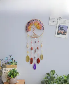 Detail of life tree crystal chime with amethyst, citrine and agate slices hanging décor