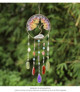 Detailed view of Tree of Life crystal suncatcher with amethyst and agate slices