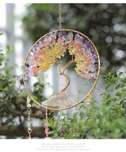 Macro detail of Tree of Life hanging ornament with natural crystals and metal wire art